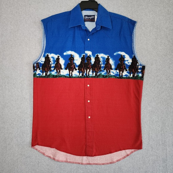 Wrangler Other - Wrangler Western Shirt Mens XL Red Blue Cowboy Horse Graphic Sleeveless Vintage